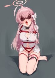 absurdres ahoge arms_behind_back blindfold blue_archive blush bondage bondage bondage bottomless bound breasts collarbone crotch_rope egg_vibrator female full_body green_eyes hair_ribbon hanako_(blue_archive) highres long_hair looking_at_viewer navel nipple_clamps nipples open_mouth pink_hair qaq_baiguang restrained ribbon saliva sex_toy shibari_over_clothes skindentation soles solo thigh_gap vibrator