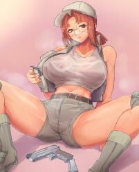 arm_support bare_arms bare_shoulders belt boots breasts brown_belt brown_boots brown_eyes brown_hair brown_hat brown_shorts brown_vest collarbone commentary_request feet_out_of_frame female fio_germi glasses gun handgun hat highres huge_breasts knee_pads long_hair looking_at_viewer madsensei magazine_(weapon) metal_slug midriff navel oekaki open_clothes open_vest parted_lips pink_background ponytail popped_collar shadow shirt shorts sidelocks sitting solo spread_legs steaming_body sweat tank_top thighs vest weapon wet wet_clothes wet_shirt white_tank_top