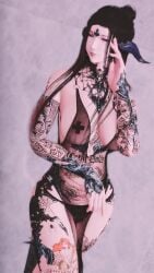 au_ra barely_clothed black_hair final_fantasy final_fantasy_xiv long_hair sheer_clothes sheer_clothing tattoo tattoos xaela