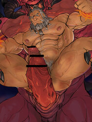 2boys abs bara beard blood censored demon diablo erection evil_grin facial_hair frottage gay glensaru horns huge_cock lifting male_only monster multiple_boys muscle nipples nude pecs penis restrained scar size_difference yaoi