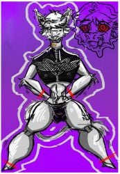 abs absurd_res balls bdsm_gear black_clothing black_underwear black_uniform bodily_fluids bondage bondage bound bovid bovine cattle clothing collar control_collar cuff_(restraint) cuffed_ankles dripping drooling erection fur fur_on_arms genital_fluids genitals grey_body grey_fur greyscale greyscale_with_colored_background handcuffed handcuffs hands_behind_back hi_res hooves horn hypnokink hypnosis leather long_tail luke_(azazellon) male mammal metal_cuffs mind_control monochrome precum precum_drip red_handcuffs restraints saliva smexyargonian123 solo spiral spiral_eyes spread_legs spreading tail tail_fur thick_thighs thought_bubble underwear
