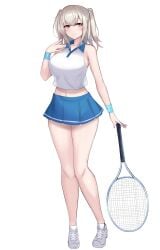 amahara_kuon armpits ball bare_arms bare_legs bare_shoulders blue_skirt blush breasts brown_eyes closed_mouth crop_top female full_body grey_hair hand_up highres kutan large_breasts long_hair looking_at_viewer midriff miniskirt navel original pleated_skirt racket shirt shoes simple_background skirt sleeveless sleeveless_shirt smile sneakers solo sportswear standing sweatband tachi-e tennis_ball tennis_racket tennis_uniform thighs transparent_background twintails two_side_up variant_set white_background white_shirt wristband