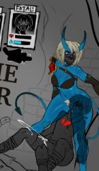 armor asphyxiation blue_skin breasts breasts broken_heart cottt(artist) cum cumshot death defeated demon elbow_gloves fail game_over gameplay gameplay_mechanics glasses health_bar heart helpless large_breasts looking_back male_death mask ninja oni oni_mask see-through see-through_body short_hair sitting smothering spiral_eyes tounge_out warrior white_hair