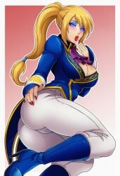 ai_generated bimbo blonde_hair blue_eyeshadow elisabeth_blanctorche_(cosplay) fatal_fury feminization hypnosis king_of_fighters mascara red_lipstick rule_63 snk terry_bogard
