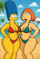 ai_generated beach belly belly_button big_breasts bikini blue_hair breasts chubby family_guy female lois_griffin marge_simpson milf milfs red_hair the_simpsons thick