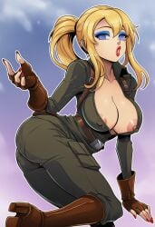 ai_generated bimbo blonde_hair blue_eyeshadow fatal_fury feminization hypnosis king_of_fighters mascara red_lipstick rule_63 snk terry_bogard whip_(kof)_(cosplay)