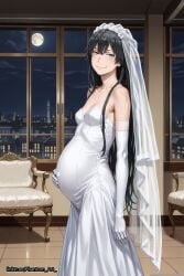1girls black_hair blue_eyes bridal_veil bride city cityscape closed_mouth elbow_gloves female hand_on_own_stomach indoors long_hair looking_at_viewer moon my_teen_romantic_comedy_snafu night phantom-x pregnant pregnant_female small_breasts standing yukinoshita_yukino