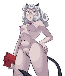 1girls breasts demon demon_girl eyewear female glasses hand_on_hip helltaker low-angle_view mti navel nipples nude pandemonica_(helltaker) pussy red_eyes solo
