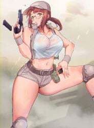 bare_shoulders belt breasts brown_hair crop_top female fio_germi glasses gun hat highres jacket large_breasts long_hair madsensei metal_slug ponytail short_shorts shorts smoke thick_thighs thighs weapon