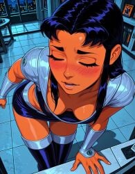 ai_generated arm_support armband armlet bangs bare_shoulders bed biting_lip black_clothes black_hair black_legwear black_thighhighs blackfire blue_thighhighs blush boots bracer breasts chair cleavage clothing couch covered_collarbone crop_top crossed_legs curtains dark-skinned_female dark_skin dc dc_comics detached_sleeves earrings elbow_gloves eyebrows eyelashes female female female_only footwear furniture gloves half-closed_eyes hand_on_own_face high_heel_boots high_heels indoors jewelry jousneystudio large_breasts legwear lips lipstick long_hair makeup medium_breasts midriff miniskirt navel nose_blush older on_bed orange_skin parted_lips pillow plant shiny_skin shirt shoes shorts sitting skirt sleeveless sleeveless_shirt small_breasts smile solo spread_legs stomach sweat tagme taut_clothes teen_titans teeth thick_thighs thigh_boots thighhighs thighs trembling underwear video window young_adult young_adult_female young_adult_woman
