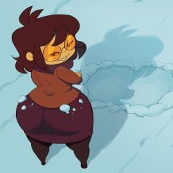 ahoge ass ass_imprint big_butt boss_(thelittlenerdys) brown_hair buckteeth butt elwilsjeje fat_ass female fully_clothed funny glasses huge_ass huge_butt looking_back nerd nerdy nerdy_female scarf shortstack skirt snow snow_angel twitter_user_sona
