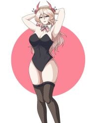 armpits arms_behind_head arms_up black_bunnysuit bnvt bow_tie breasts bruneian bruneian_vtuber bunnysuit cleavage collar_only female fishnet_thighhighs flowers_in_hair fuuwafu_(bnvt) gold_hair headband horns indie_virtual_youtuber indie_vtuber itsmealvi long_hair medium_breasts pink_eyes pink_horns sideboob standing subtle_cameltoe thighhighs thighs virtual_youtuber vtuber