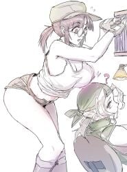 2girls ? blonde_hair breasts chair fingerless_gloves fio_germi glasses gloves hat headband kasamoto_eri lamp large_breasts legs long_hair madsensei metal_slug multiple_girls short_shorts shorts sitting