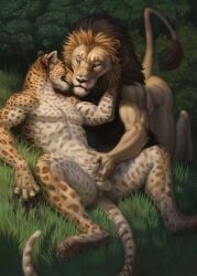 2025 animal_genitalia anthro athletic athletic_anthro athletic_male balls biceps clawing_at_ground closed_eyes detailed detailed_background detailed_fur duo felid fur genitals grass hand_on_balls hand_on_sheath hi_res hibbary inner_ear_fluff kneeling leopard light lighting lion looking_at_another looking_at_partner lying male male/male mammal mane muscular muscular_anthro muscular_male nuzzling on_back on_grass pantherine pawpads paws pecs plant sheath spots spread_legs spreading tail tail_tuft tan_body tan_fur tree tuft whisker_spots whiskers white_body white_fur yellow_eyes