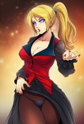 ai_generated bimbo blonde_hair blue_eyeshadow fatal_fury feminization hypnosis king_of_fighters mascara red_lipstick rule_63 sano-br snk terry_bogard vice_(kof) vice_(kof)_(cosplay)