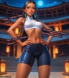 1girls 8etter_than_u ai_generated athletic_female avatar_the_last_airbender bike_shorts blue_eyes confident crop_top dark-skinned_female dark_skin english_text female hands_on_hips katara looking_at_viewer petite