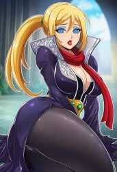 ai_generated bimbo blonde_hair blue_eyeshadow fatal_fury feminization hypnosis king_of_fighters mascara najd_(kof)_(cosplay) red_lipstick rule_63 snk terry_bogard