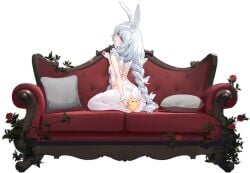 +_+ animal_ear_fluff animal_ears ass azur_lane bare_shoulders black_background blue_eyes braid breasts cg couch cup fake_animal_ears feet female flower from_behind full_body hairband le_malin_(azur_lane) le_malin_(listless_lapin)_(azur_lane) leotard long_hair looking_at_viewer looking_back low_twin_braids meme_attire no_shoes official_alternate_costume official_art on_couch pantyhose pillow plant playboy_bunny rabbit_ears rabbit_tail red_flower rose sidelocks silver_hair simple_background sitting small_breasts soles solo tail thigh_strap transparent_background twin_braids very_long_hair wariza white_hair white_legwear white_leotard white_pantyhose wrist_cuffs