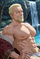 abs ai_generated areola areolae askeladd bathing blonde_hair blonde_hair_male looking_at_viewer muscular muscular_male naked_male nipples nude_male outdoors pecs pubic_hair shirtless shirtless_male solo solo_focus solo_male stable_diffusion toned_body toned_male viking vinland_saga