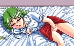 1990s_(style) 1995 ass blush breasts censored closed_eyes clothing_aside female from_front game_cg glasses grabbing_own_breast green_hair highres hoshi_no_suna_monogatari_3 indoors long_hair masturbation non-web_source on_bed open_mouth panties pc-98_(style) pillow pixel_art pussy pussy_juice red_skirt retro_artstyle shima_(d.o.) shirt skirt sweat underwear white_shirt