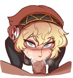 :>= aegis_(persona) aigis_(persona) blonde_hair blowjob blush cum cum_in_mouth dark-skinned_male deepbeef fellatio naughty_face oral persona persona_3 pov robot robot_girl scruffyturtles seductive_eyes tongue_out