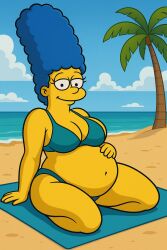 ai_generated beach bikini blue_hair breasts breasts cartoon marge_simpson milf preggo pregnant pregnant_belly pregnant_female the_simpsons