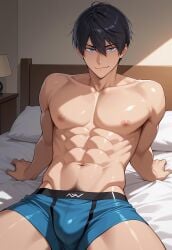 1boy abs ai_generated arm_support blue_boxer_briefs blue_male_underwear blue_underwear boxer_briefs boxer_briefs_only bsky_link bulge civitai dvxxxgrai free! gay haruka_nanase illustrious_(stable_diffusion) lying_on_bed male male_only nanase_haruka_(free!) navel nipples nude smile solo solo_male tagme underwear underwear_only yaoi