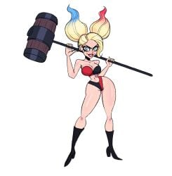 blonde_hair blue_eyes boots breasts cleavage dc_comics harley_quinn holding holding_object large_breasts long_hair looking_at_viewer navel panties posing slim_waist smile tagme thick_thighs tied_hair topwear vanillasketchy voluptuous wide_hips