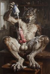 adam360 ai_generated anthro balls canid canine canis erection food frontal furry kitchen knot knotted_humanoid_penis male male_only nude penis werewolf whipped_cream wolf