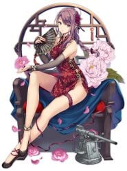 anklet azur_lane bangle bare_legs bare_shoulders black_background black_footwear blue_eyes bracelet braid breasts bridal_garter bridal_gauntlets bun_cover cannon cg chair china_dress chinese_clothes cleavage_cutout clothing_cutout curlew_(azur_lane) curlew_(rhythm_of_the_dragon_empery)_(azur_lane) dress earrings elbow_gloves female flats floral_print flower folding_fan full_body gloves gold_trim gun hair_bun hair_flower hair_ornament hair_ribbon hand_fan high_heels holding holding_fan jewelry large_breasts lattice legs long_hair looking_at_viewer machinery medium_breasts nail_polish official_alternate_costume official_art parted_lips pelvic_curtain petals pink_flower purple_hair red_dress red_nails red_ribbon rigging rose round_window shoes short_dress side_slit sidelocks simple_background single_braid single_hair_bun sitting sleeveless sleeveless_dress smile solo swept_bangs tassel thigh_strap thighs transparent_background turret very_long_hair