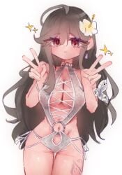 1girls big_breasts bikini breasts brown_hair butterfly_tattoo d4dj date-chan double_v flower flower_in_hair long_hair needs_to_be_fucked one-piece_swimsuit red_eyes stars swimsuit tattoo thick_thighs yuyou_ygo