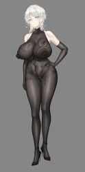 1girls areolae body_markings body_writing bodystocking breasts busty cameltoe elbow_gloves erect_nipples_under_clothes expressionless faust_(limbus_company) female female_only full_body grey_background hand_on_hip high_heels huge_breasts light-skinned_female light_skin limbus_company looking_at_viewer navel neutral_expression nipples nipples_visible_through_clothing project_moon simple_background skindentation solo thick_thighs white_hair 最爱喝鲜奶
