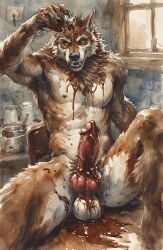 adam360 ai_generated anthro balls canid canine canis chocolate erection food frontal furry kitchen knot knotted_humanoid_penis male male_only nude penis werewolf wolf