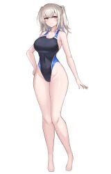amahara_kuon armpits bare_arms bare_legs barefoot black_one-piece_swimsuit breasts brown_eyes cleavage competition_swimsuit covered_navel female full_body grey_hair hand_on_own_hip highleg highres kutan large_breasts long_hair looking_at_viewer multicolored_swimsuit one-piece_swimsuit original sideboob simple_background smile solo standing swimsuit tachi-e transparent_background twintails two-tone_swimsuit two_side_up variant_set