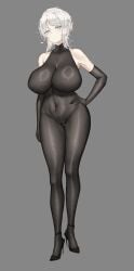 1girls bodystocking breasts busty cameltoe elbow_gloves expressionless faust_(limbus_company) female female_only full_body grey_background hand_on_hip high_heels huge_breasts light-skinned_female light_skin limbus_company looking_at_viewer navel neutral_expression project_moon simple_background skindentation solo thick_thighs white_hair 最爱喝鲜奶
