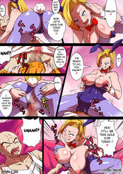 1boy 1girls ahegao anal anal_penetration android_18 areola blonde_hair blue_eyes blush bowtie breasts bunny_costume bunny_ears bunny_suit bunny_tail busty cleavage comic detached_collar dragon_ball dragon_ball_z english_text fucked_silly hoop_earrings krillin kuririn licking_lips mind_break nipples page_2 rickert_kai tagme voluptuous