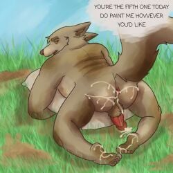 anthro anus ass backsack balls belly big_butt bodily_fluids canid canine canis cum dialogue dirt dirty feet foot_fetish genital_fluids genitals grass hi_res hug hugging_object hugging_pillow male mammal matthewstiffer overweight penis pillow plant slightly_chubby solo spread_anus spreading wolf