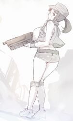 ass bare_shoulders belt breasts commentary_request crop_top dutch_angle female fio_germi from_behind full_body glasses gun hat highres holding holding_gun holding_weapon knee_pads large_breasts long_hair looking_at_viewer looking_back madsensei metal_slug midriff muted_color open_clothes open_vest ponytail round_eyewear shoes short_shorts shorts sidelocks sketch solo thighs vest weapon white_background wristband