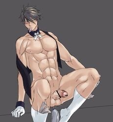 1boy abs anal asutarou blush condom male_only muscle pecs sex_toy sitting socks solo