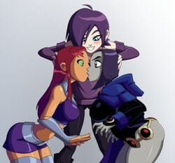 3girls belt blush boots breasts clothing dc dc_comics female female_only footwear forced_kiss hand_on_head kissing lesbian medium_breasts midriff now_kiss outerwear purple_hair rachel_roth raven_(dc) ravenravenraven red_hair skin_tight skirt starfire teen_titans thighhighs yuri zone-tan