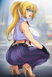ai_generated bimbo blonde_hair blue_eyeshadow fatal_fury feminization hypnosis king_of_fighters mascara red_lipstick rule_63 sano-br snk terry_bogard vanessa_(kof) vanessa_(kof)_(cosplay)