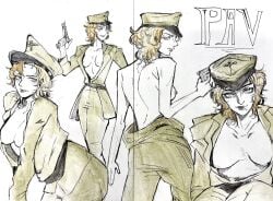 blonde_hair breasts_out cleavage fear_and_hunger fear_and_hunger:_termina female female_only genderswap_(mtf) gun medium_breasts medium_hair military_hat military_uniform multiple_views no_bra open_jacket pavel_yudin reixhiquita rule_63 soldier solo weapon
