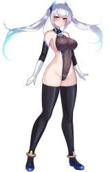 :o amahara_kuon anklet bare_shoulders black_leotard black_thighhighs blue_eyes blue_hair blush boots bracelet breasts celestia_quartz covered_navel elbow_gloves embarrassed female floating_hair full_body gloves gradient_hair groin headgear high_heels highleg highleg_leotard highres jewelry kutan large_breasts leotard long_hair looking_at_viewer magical_girl multicolored_hair multicolored_leotard open_mouth original sideboob simple_background skin_tight skindentation solo standing thigh_boots thighhighs thighs transparent_background twintails two-tone_leotard v-shaped_eyebrows white_background white_gloves white_hair