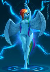 abs absurd_res anthro areola arms_above_head artist_logo artist_name barely_visible_genitalia blue_areola blue_body blue_feathers blue_fur blue_nipples breasts chest_tuft clearvision cutie_mark detailed_background electricity equid equine eyebrows eyelashes feathered_wings feathers female friendship_is_magic fur genitals hair hands_above_head hands_behind_head hasbro hi_res hooves horn lightning logo looking_at_viewer mammal mouth_closed multicolored_hair multicolored_tail my_little_pony mythological_creature mythological_equine mythology navel nipples nude nude_anthro nude_female pegasus pink_eyes pussy rainbow_dash_(mlp) rainbow_hair rainbow_tail signature small_breasts smile smiling_at_viewer solo spread_wings tail text thick_thighs tuft unicorn vulva wings