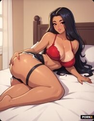 ai_generated bedroom big_ass big_butt big_thighs black_short_shorts black_shorts n_1611 red_bra thick thick_ass thick_butt thick_hips thick_legs thick_lips thick_thighs