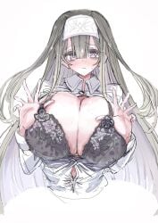 1girls 2jigenshin alternate_version_available arms_up bandage big_breasts blonde_hair blush boobs bra closed_mouth clothing duel_monster embarrassed exosister_irene exosisters exposed_breasts female female_only hand_on_breast hi_res huge_breasts light_skin long_hair looking_at_another nervous nun pose simple_background solo standing sweatdrop underwear voluptuous white_background younger_female yu-gi-oh!