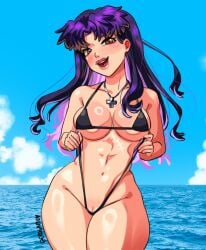 1girls bikini bikini_bottom bikini_top black_bikini bottomwear brown_eyes erogamu female female_only hair hips lips long_hair mature mature_female mature_woman misato_katsuragi necklace neckwear neon_genesis_evangelion purple_hair pussy_floss scar scar_on_stomach solo solo_female swimwear topwear wide_hips