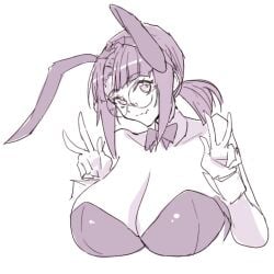 ass bare_shoulders breasts brown_eyes brown_hair cleavage female fio_germi glasses gun highres huge_breasts leotard long_hair looking_at_viewer madsensei metal_slug necktie playboy_bunny ponytail rabbit_ears rabbit_tail sleeveless smile solo thong_leotard