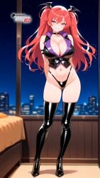 ai_generated black_thighhighs boosterred99 collar demon demon_wings firika_mia_shatana full_body high_heel_boots high_heels illustrious_(stable_diffusion) jacket latex latex_thighhighs latex_thong legs long_hair nukidoki! pony_diffusion_xl purple_eyes red_hair seductive_smile thick_thighs thighs thong twintails underwear vest wristbands
