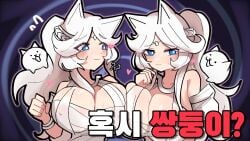 2girls big_breasts blue_eyes cat_ears embarrassed feline heart huge_breasts korean_text long_hair ponytail text the_battle_cats white_hair